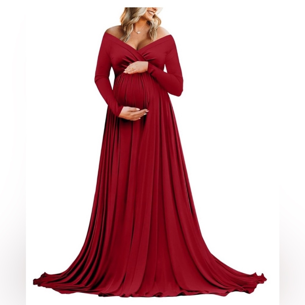 Elegant Burgundy Long Sleeve Maternity Dress Photography Shoot Off Shoulder